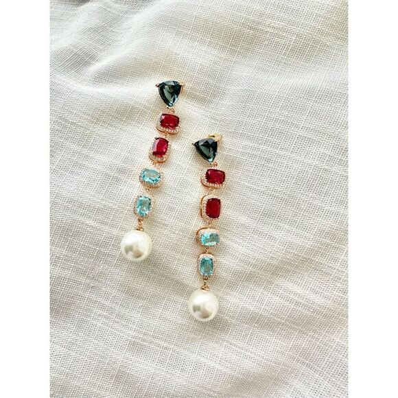 Bright red and blue cubic zirconia dangle faux pearl earrings  - Picture 2 of 3